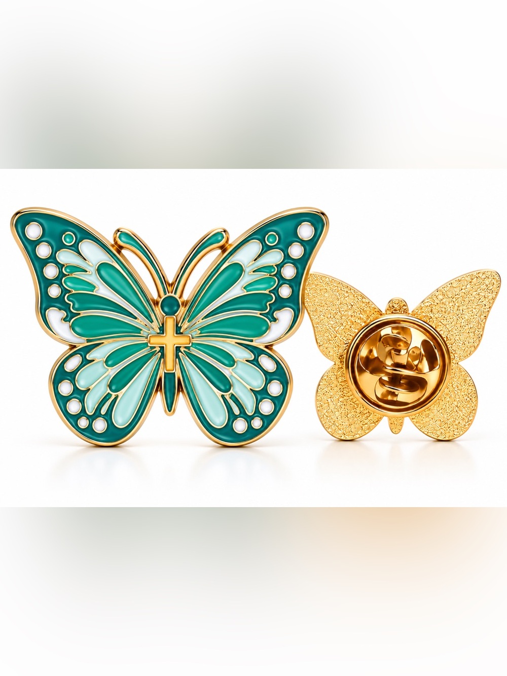Gold Butterfly Pin Brooch in Teal and Aqua